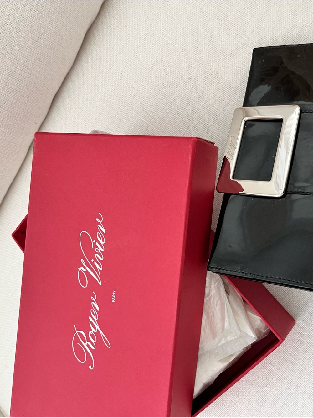 Roger Vivier Black Patent Leather Clutch with Silver Buckle